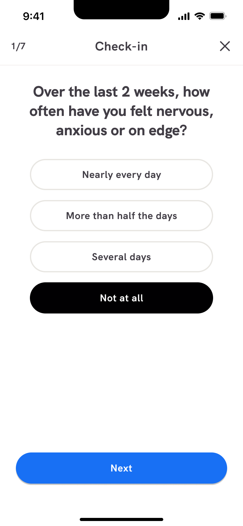 Anxiety check-in answer selected with next.