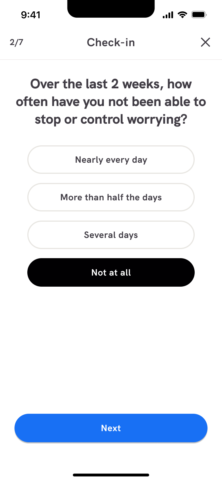 Anxiety check-in answer selected with next.