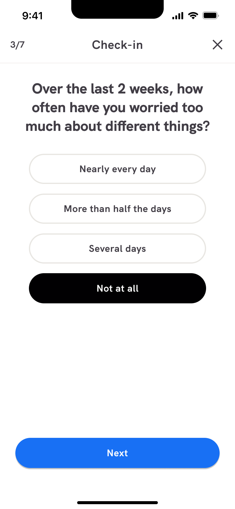 Anxiety check-in answer selected with next.