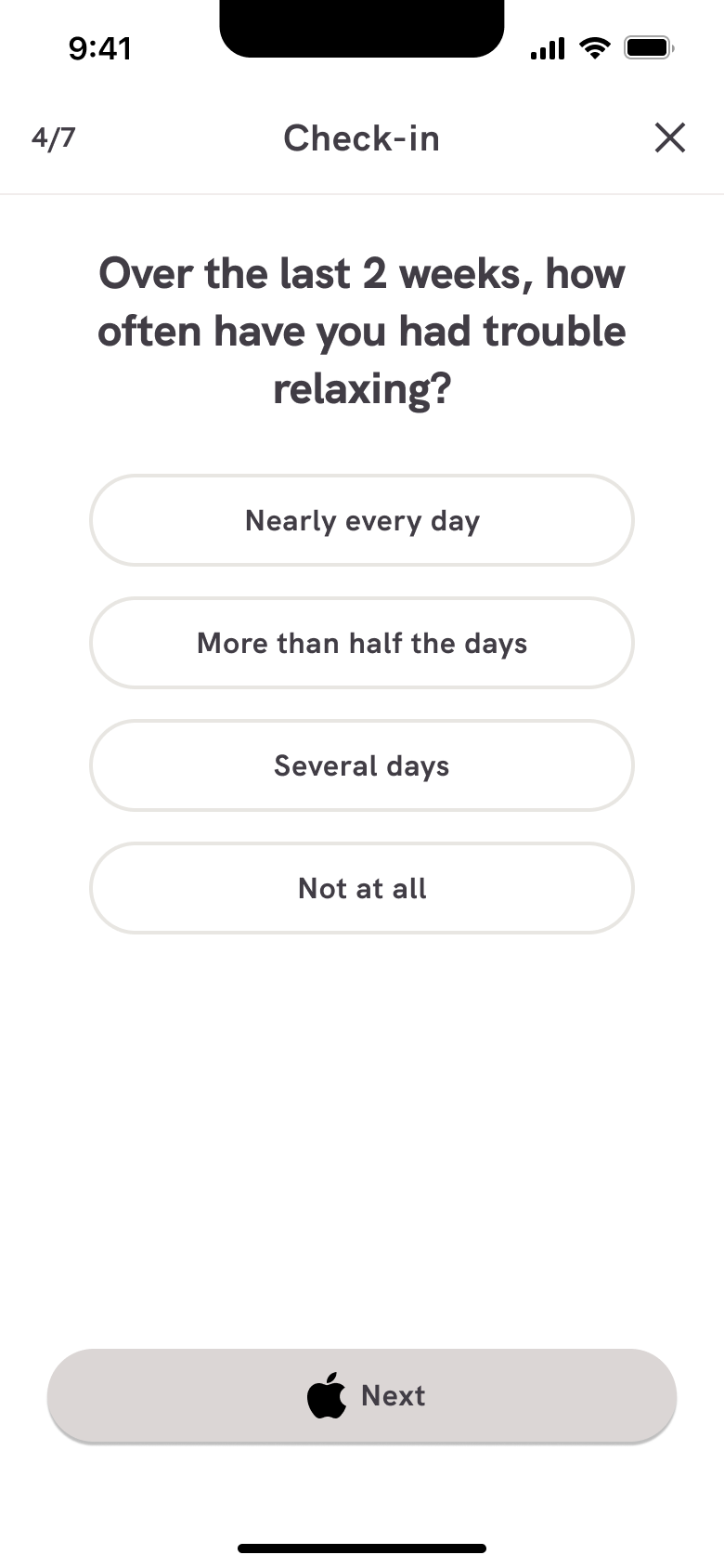 Anxiety check-in question with frequency options.