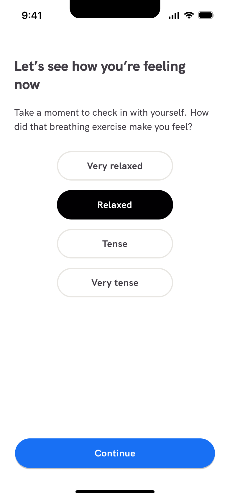 Feeling check-in with relaxed selected.