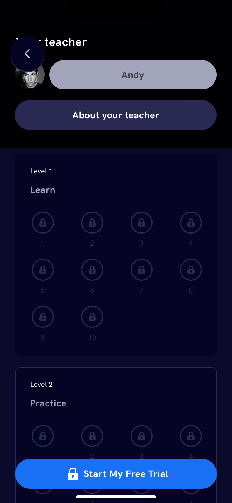 Course levels with locked session icons.