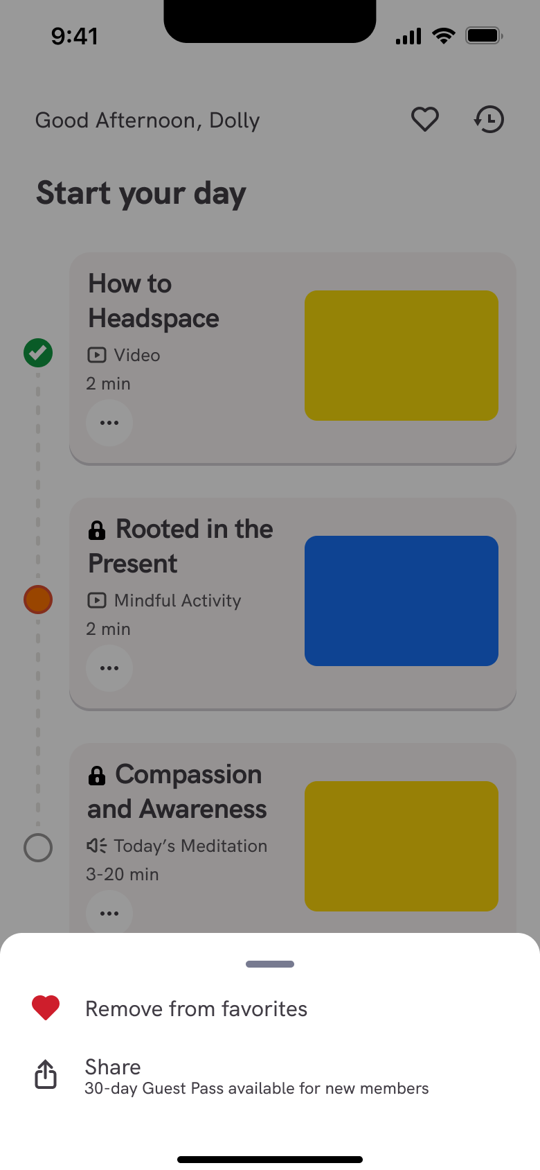 Session sheet: remove from favourites or share guest pass.