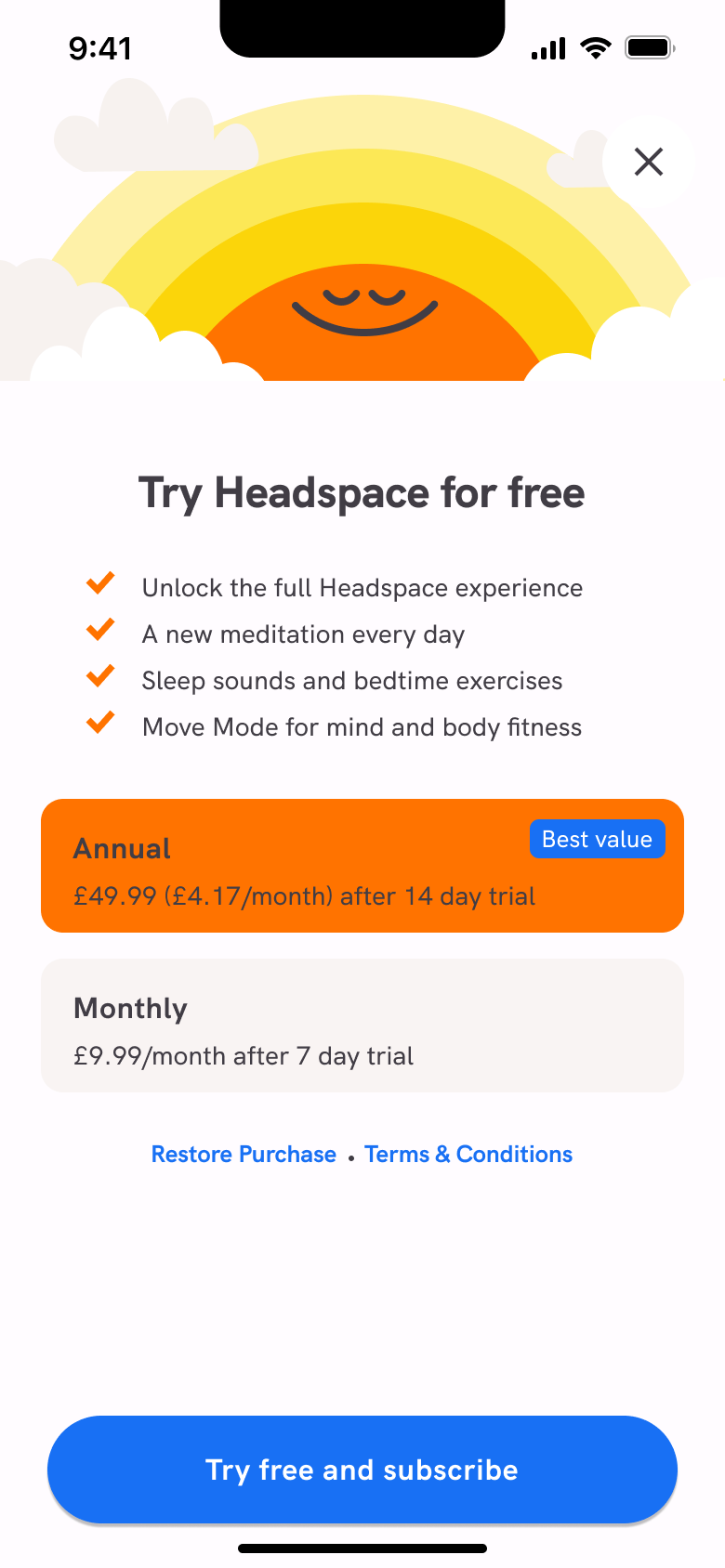 Try for free paywall: benefits, annual and monthly plans.