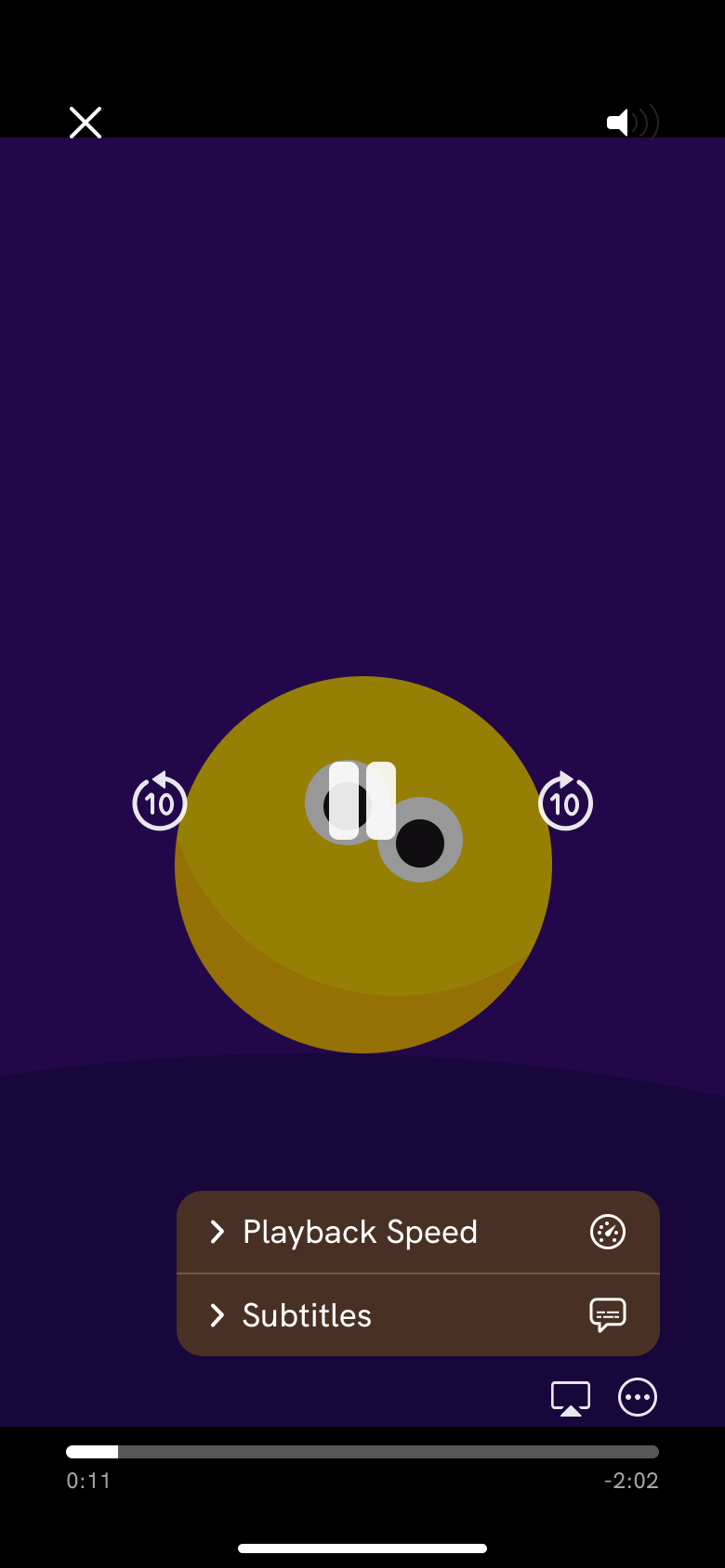 Video player menu: playback speed and subtitles.