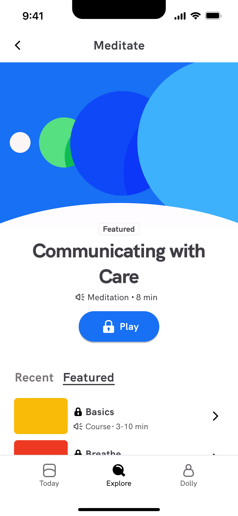 Meditate: featured session with play, recent and featured tabs.