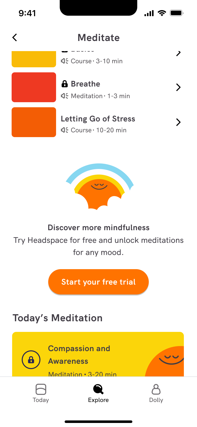 Meditate scrolled: discover more with free trial and today's meditation.