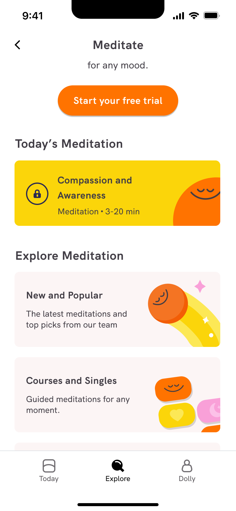 Meditate: today's meditation and explore categories.