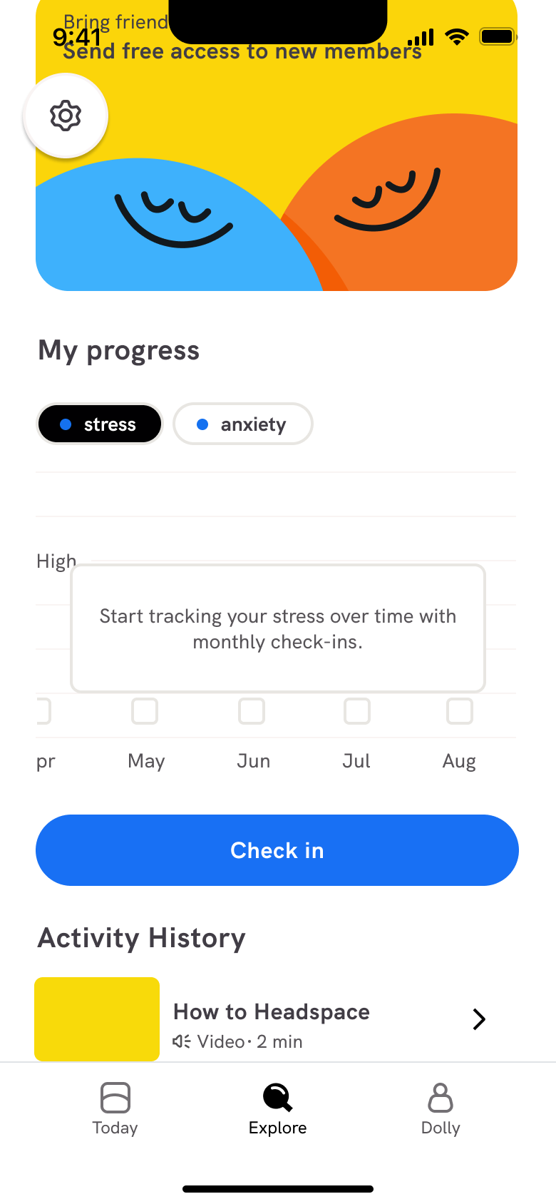 Profile: my progress chart with check in and activity history.