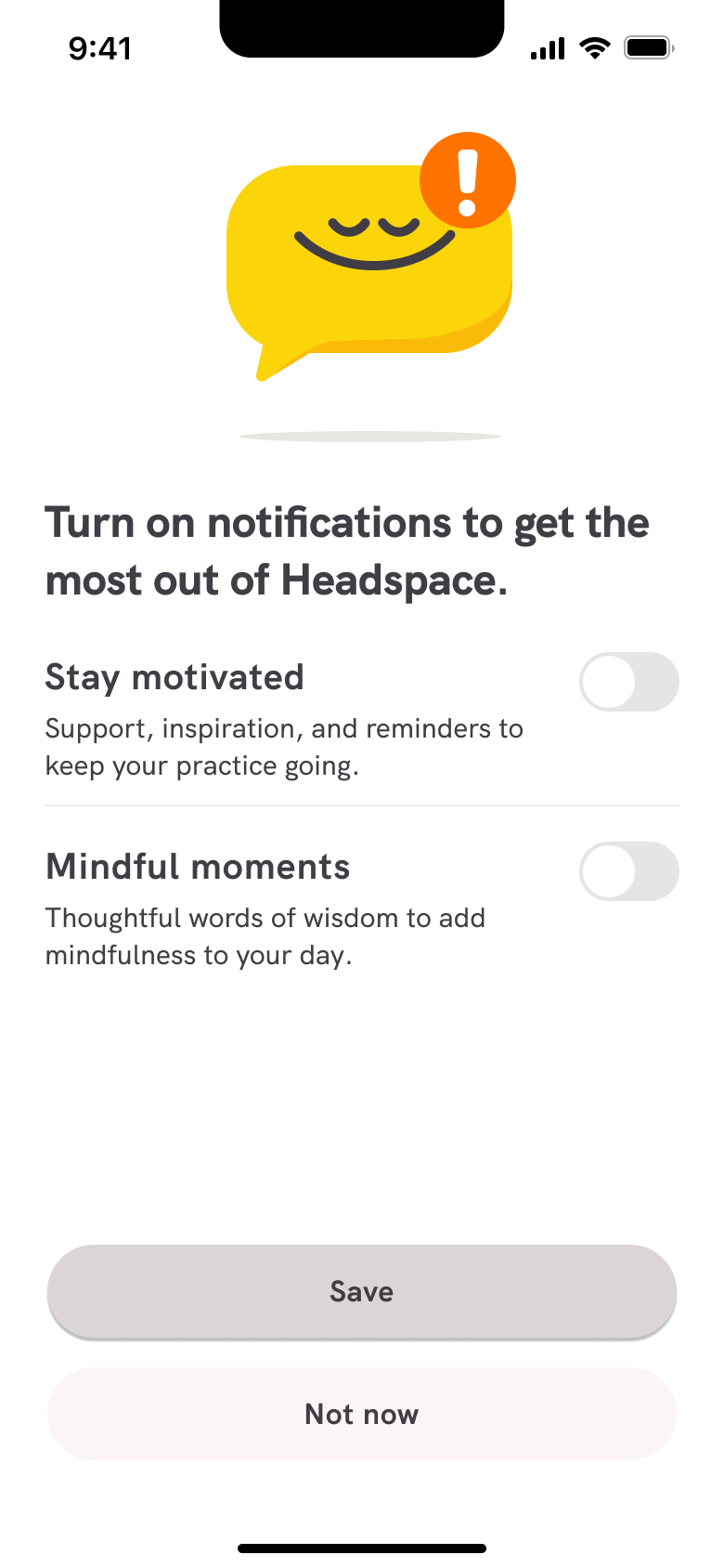 Turn on notifications priming: motivation and mindful moments toggles.