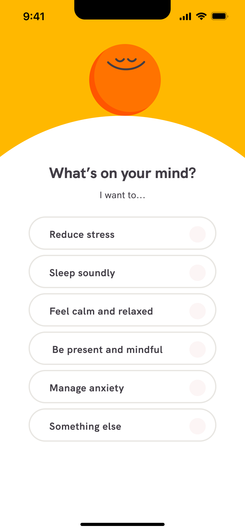 What's on your mind: goals such as stress, sleep and calm.