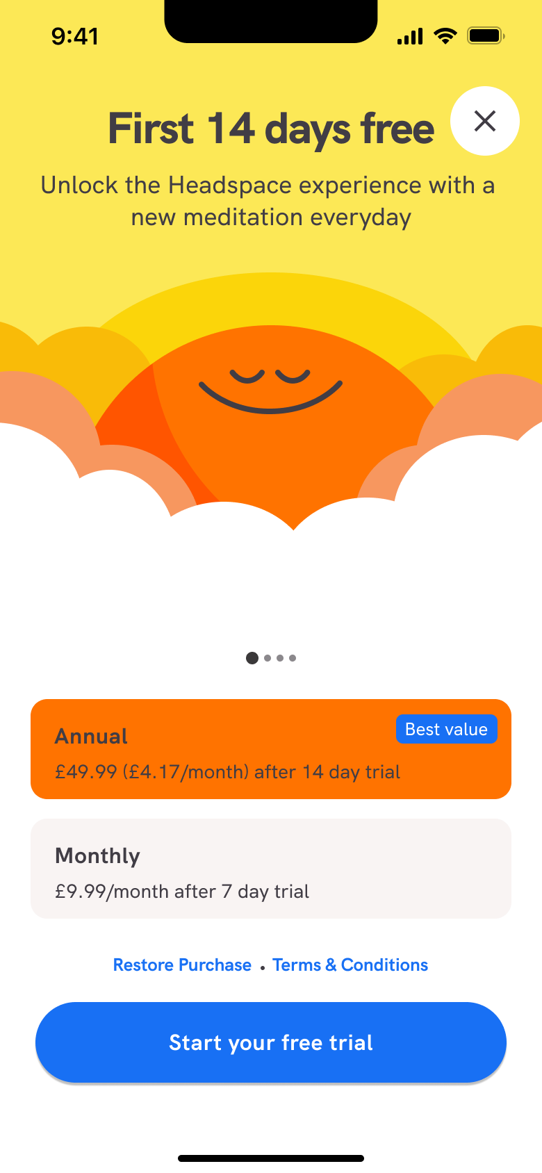 First 14 days free paywall: annual and monthly plans, start free trial.