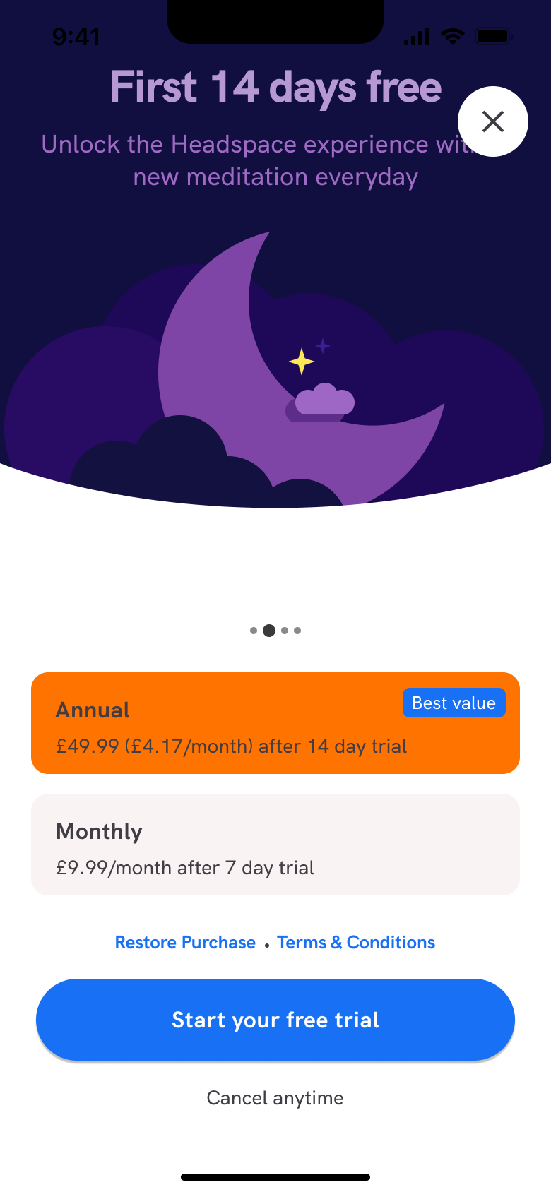 Paywall carousel slide with sleep illustration.