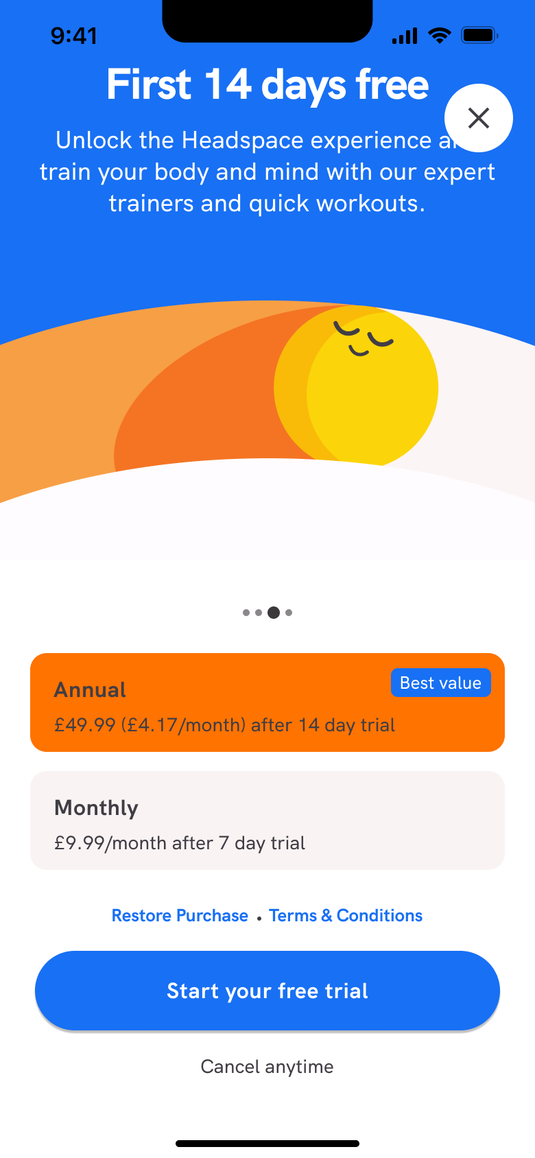 Paywall slide with movement illustration.