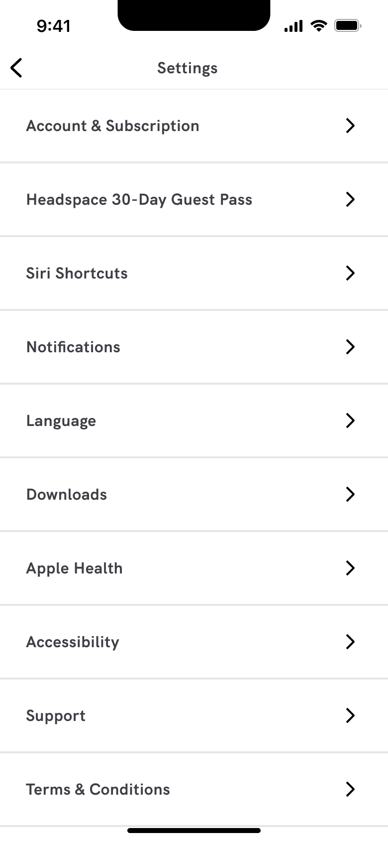 Settings: account, guest pass, shortcuts, notifications, language, downloads, health, accessibility.