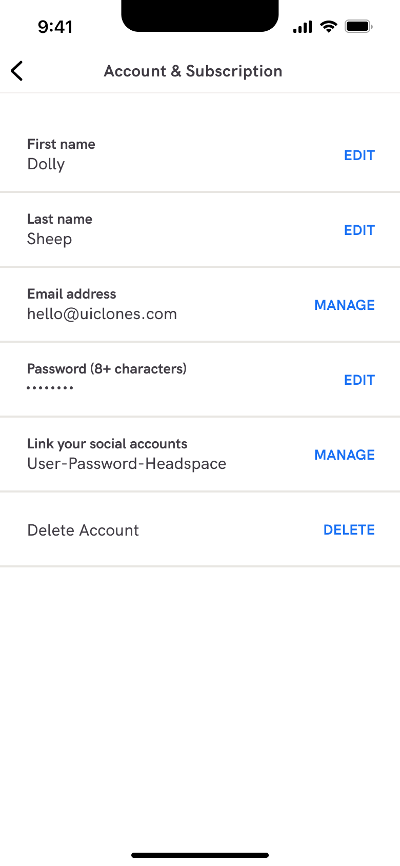 Account and subscription: names, email, password, social link and delete account.