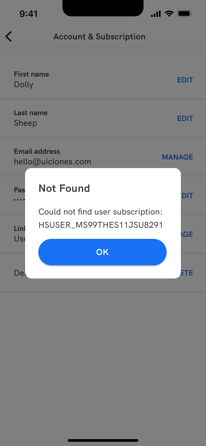 Not found: could not find user subscription dialog.