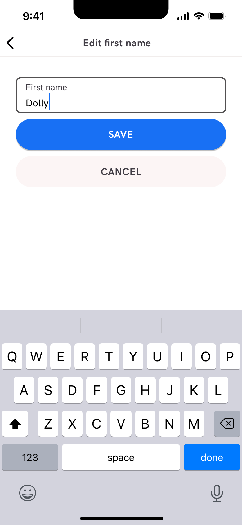 Edit first name with save and cancel.