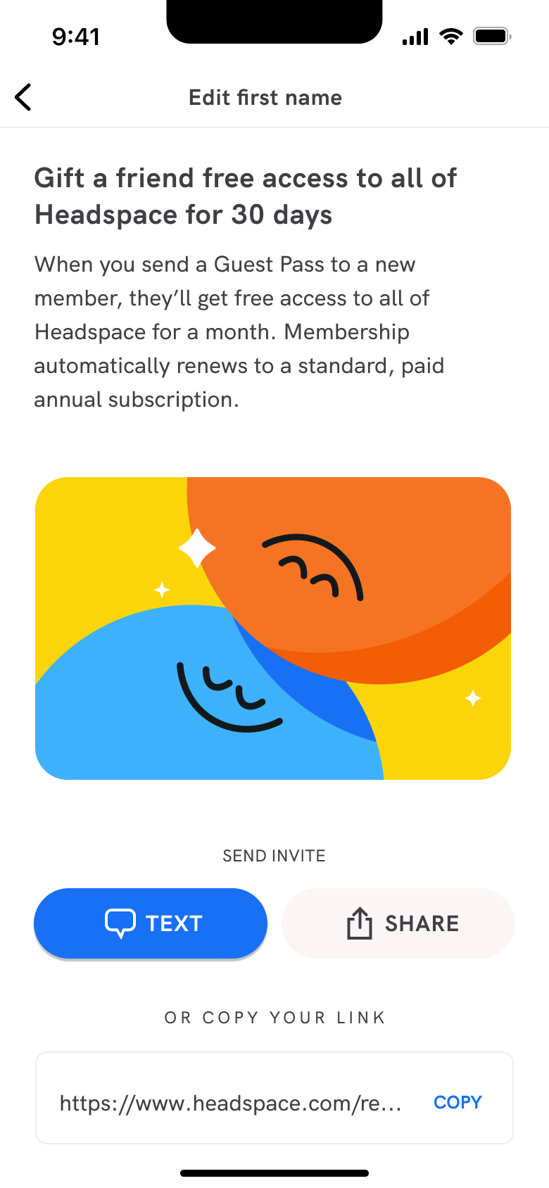 Gift a friend free access: guest pass with text, share and copy link.