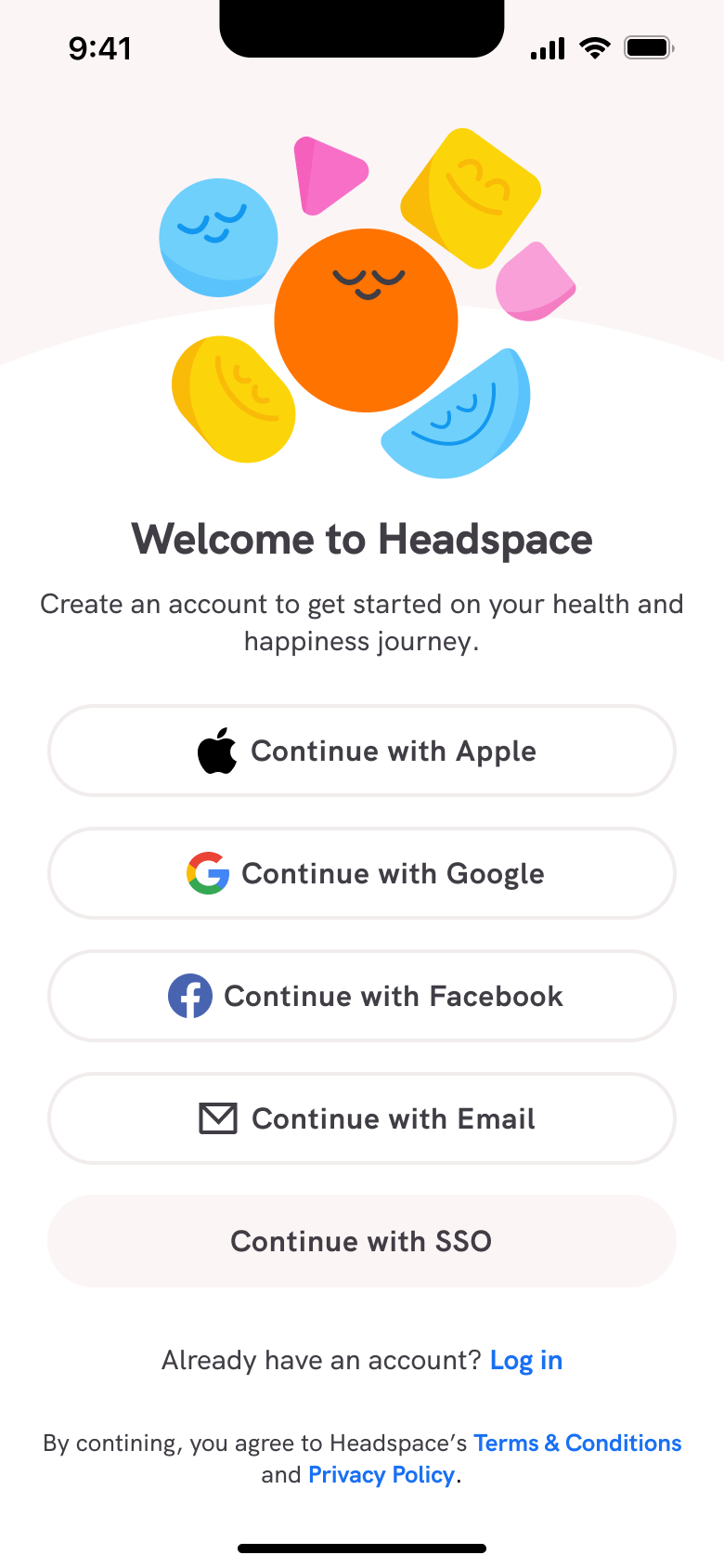 Welcome: continue with Apple, Google, Facebook, email or SSO.