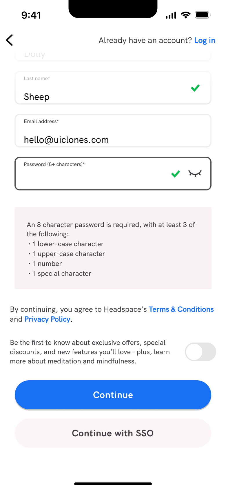Password entered with requirements panel.