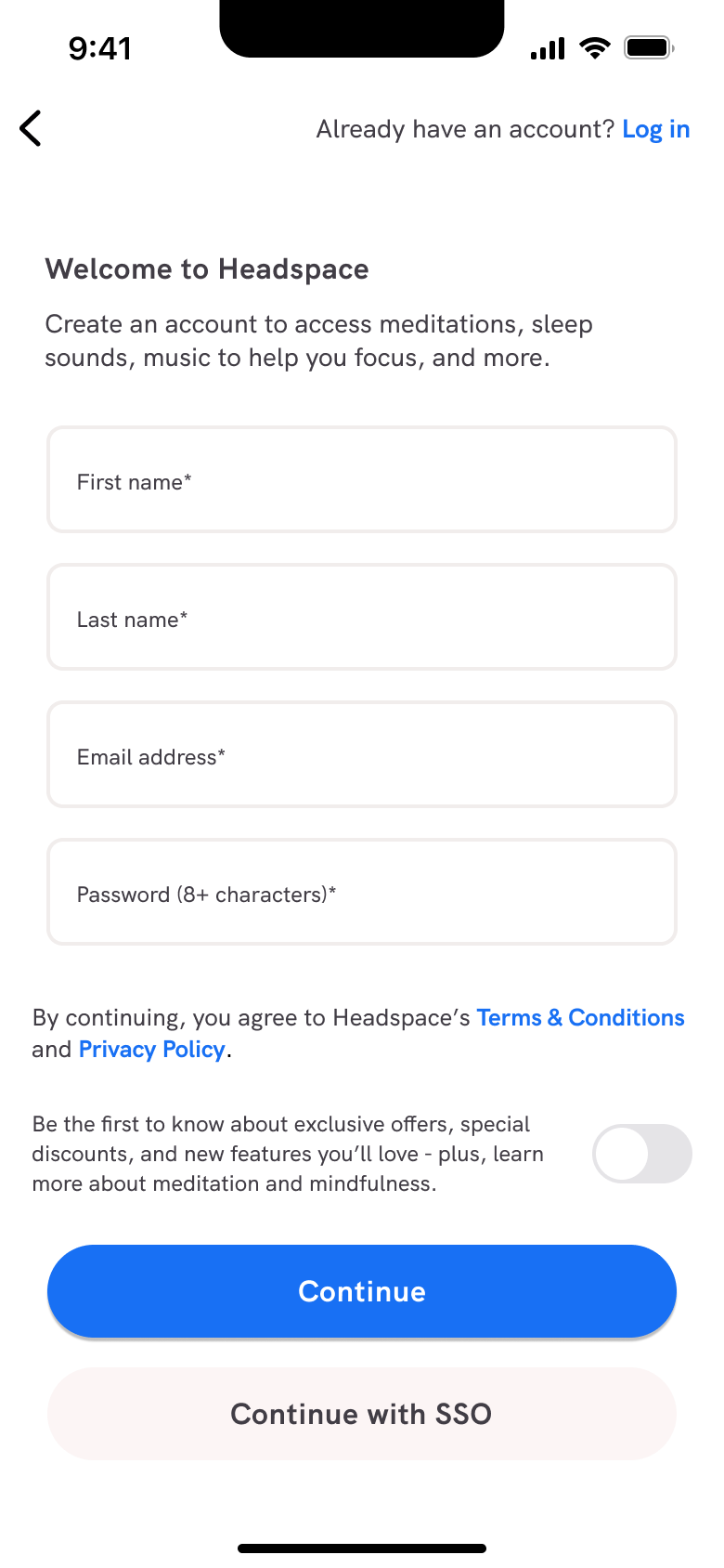 Create account: names, email, password, marketing toggle, continue or SSO.