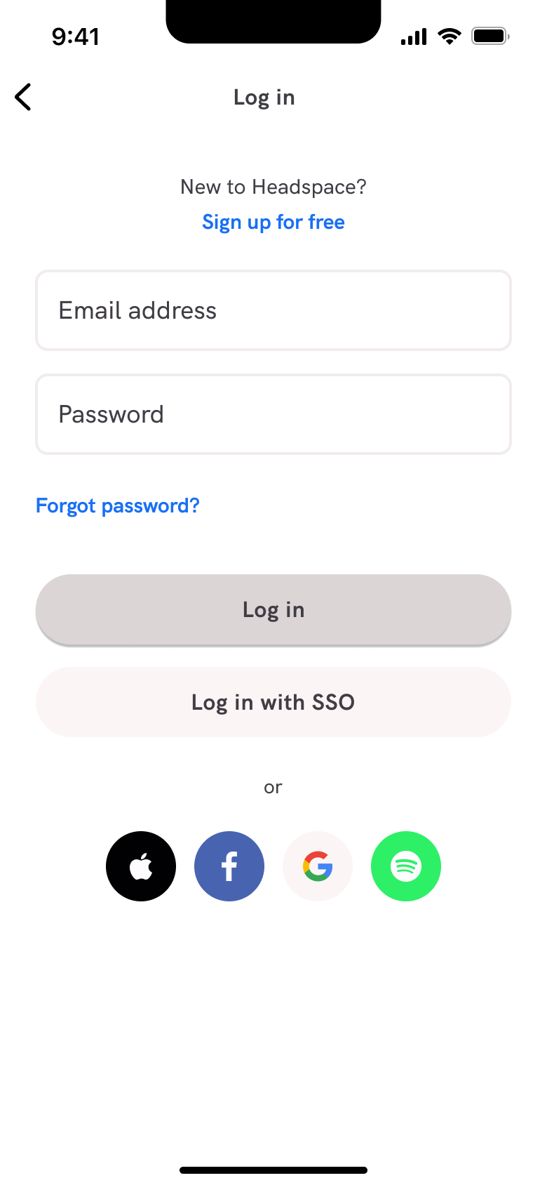 Log in: email, password, forgot password, SSO and social options.