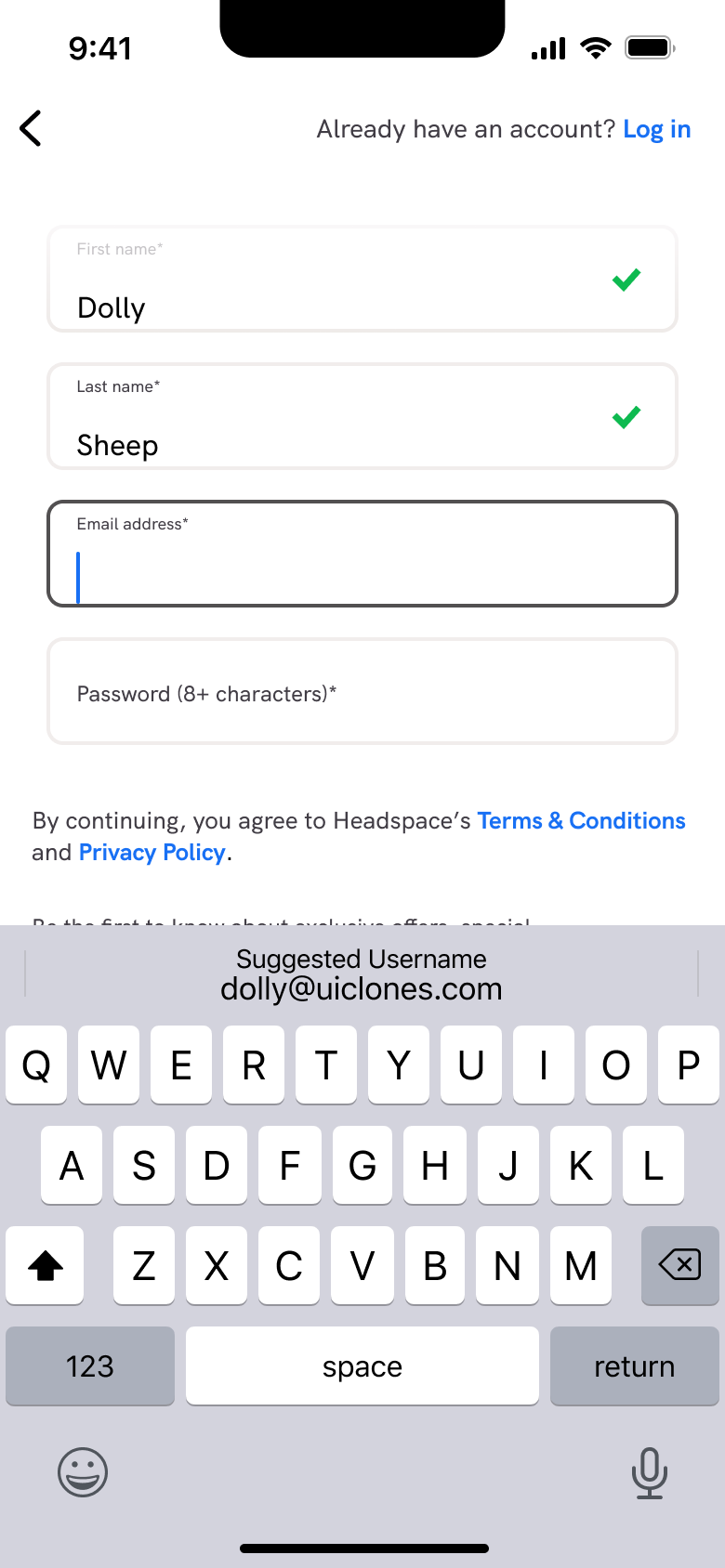 Email field focused with suggested username.