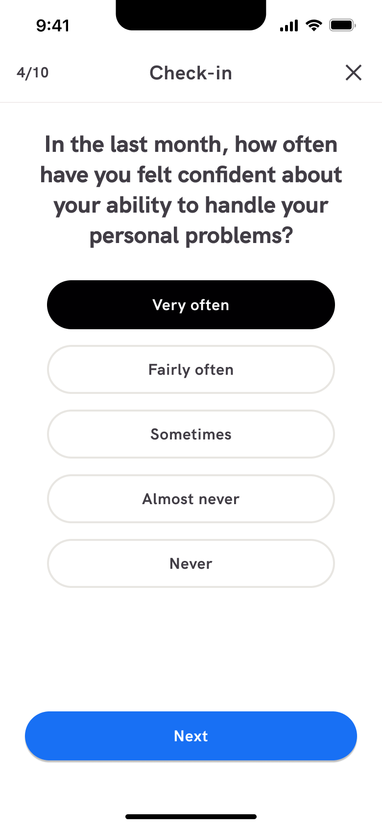 Stress check-in answer selected with next.