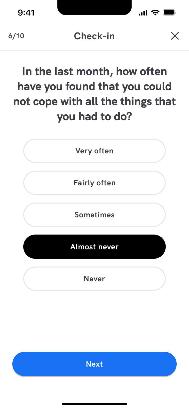 Stress check-in answer selected with next.