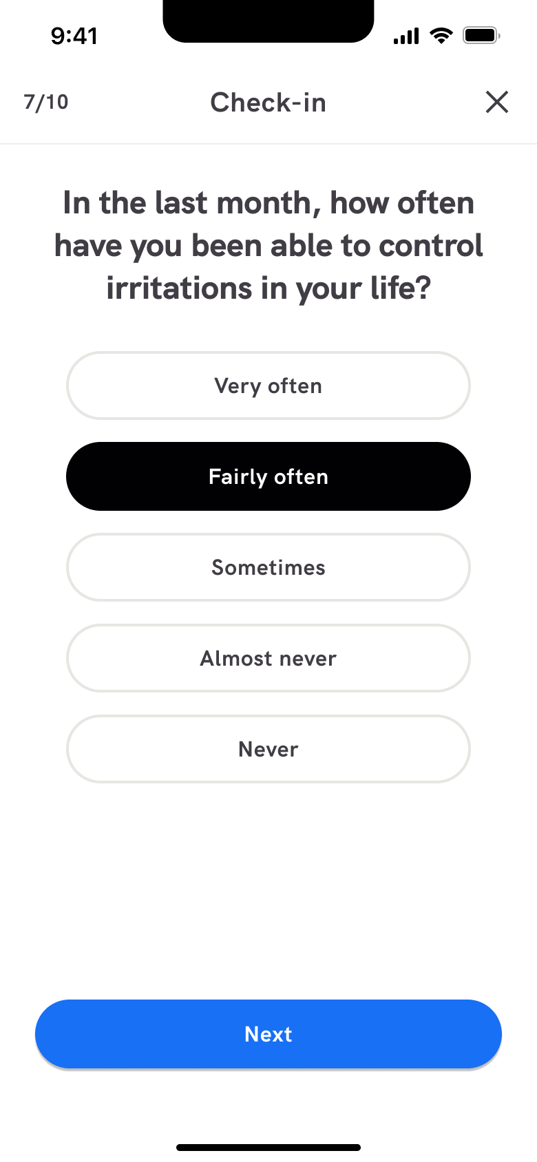 Stress check-in answer selected with next.