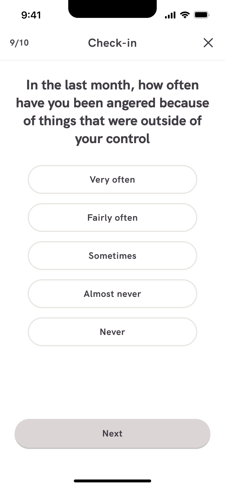 Stress check-in question: how often you felt angered by things outside your control.