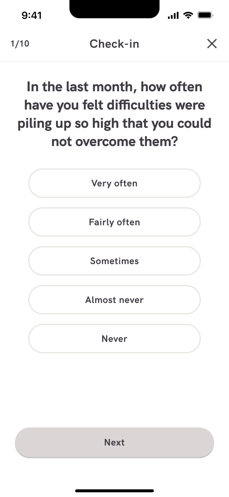 Stress check-in question: how often you felt difficulties piling up.