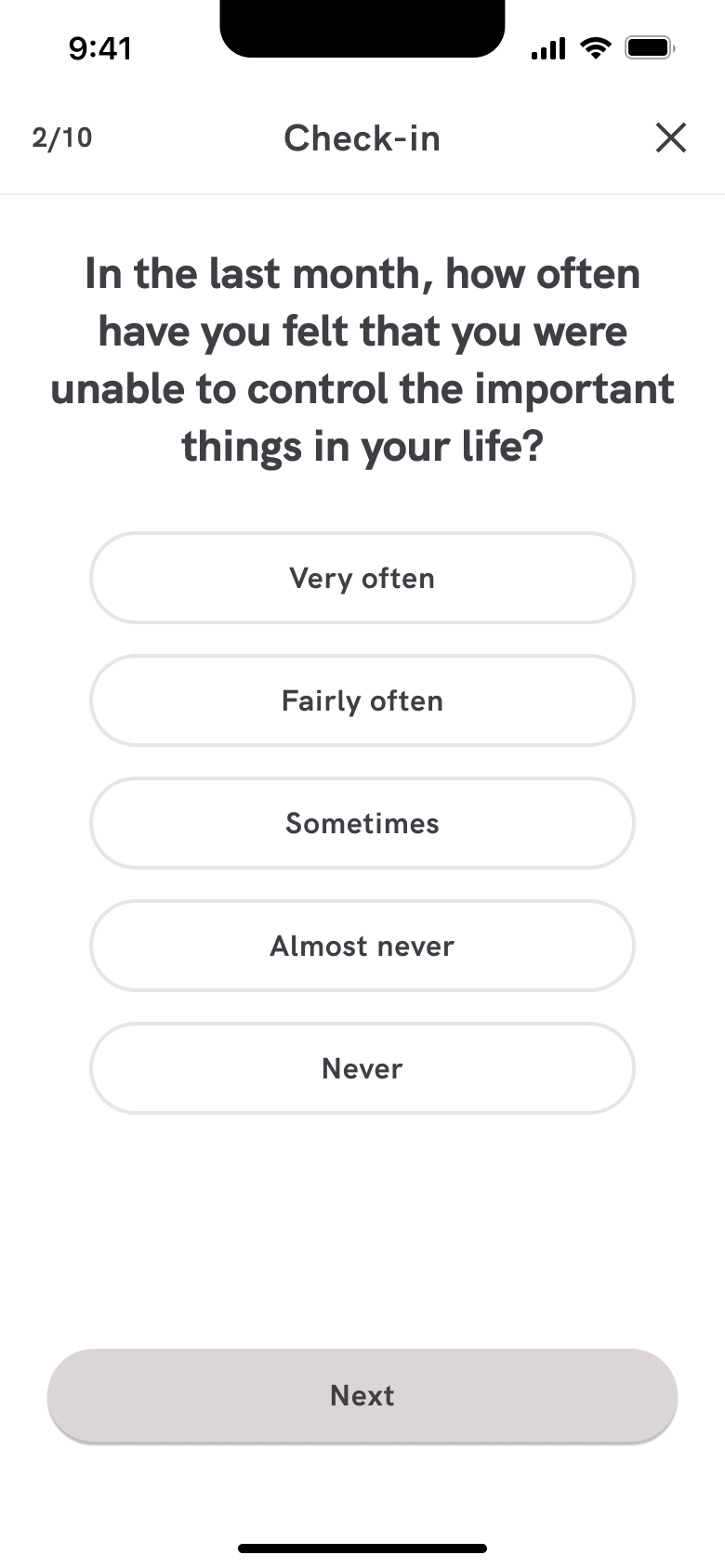 Stress check-in question: how often you felt unable to control important things.