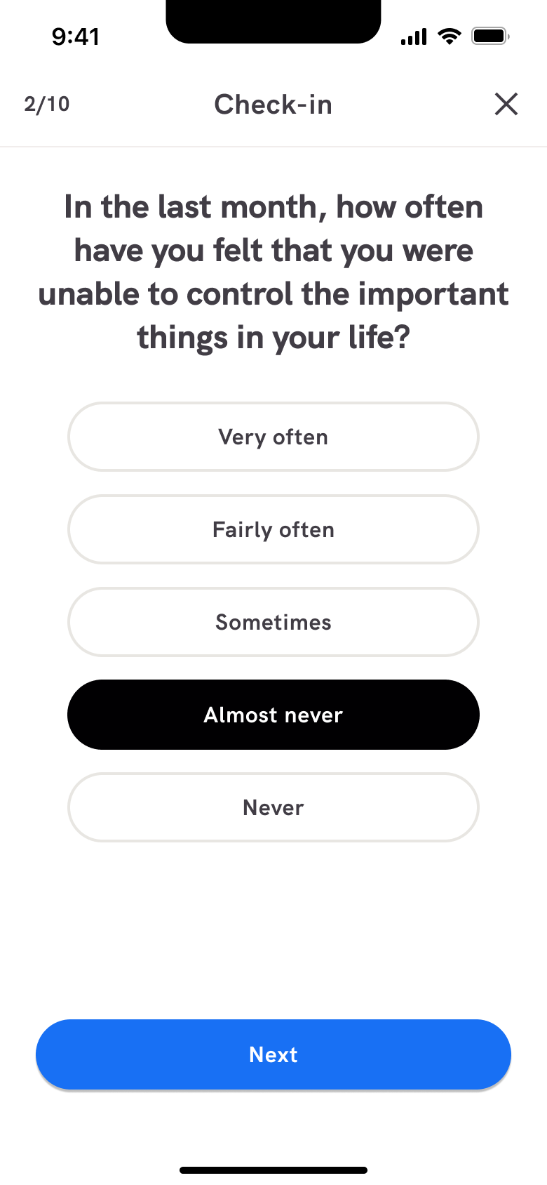 Stress check-in answer selected with next.