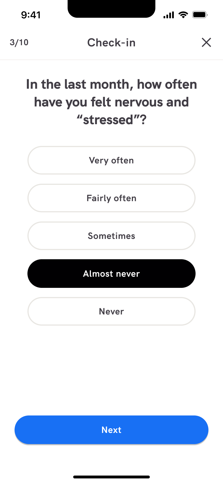 Stress check-in answer selected with next.