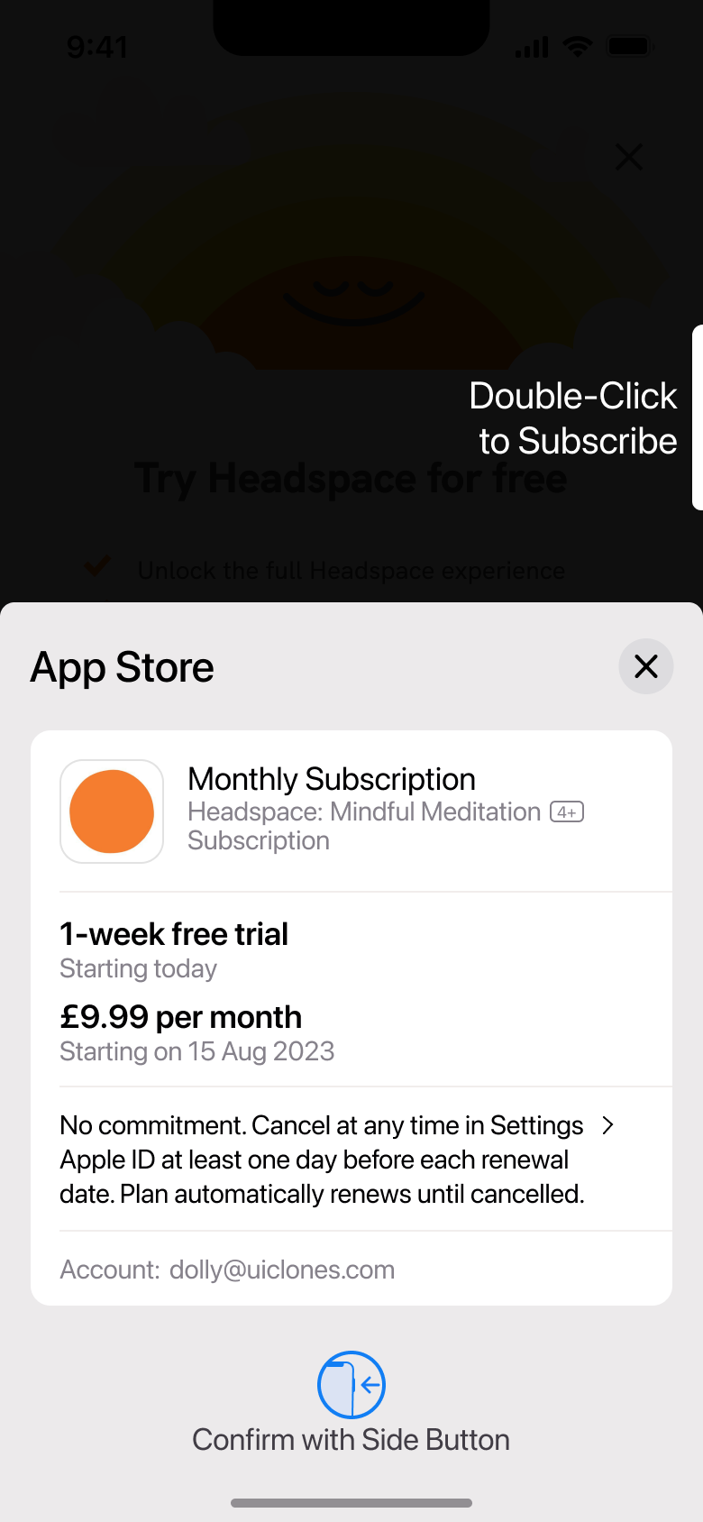 App store subscription sheet: free trial then monthly price, confirm with side button.