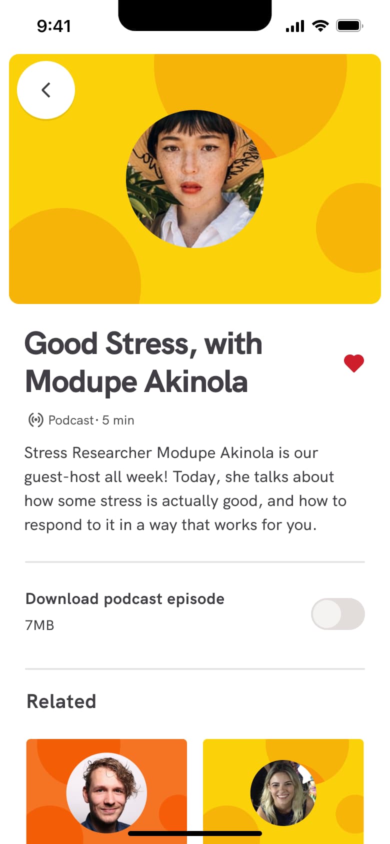 Podcast detail: description, download toggle and related.