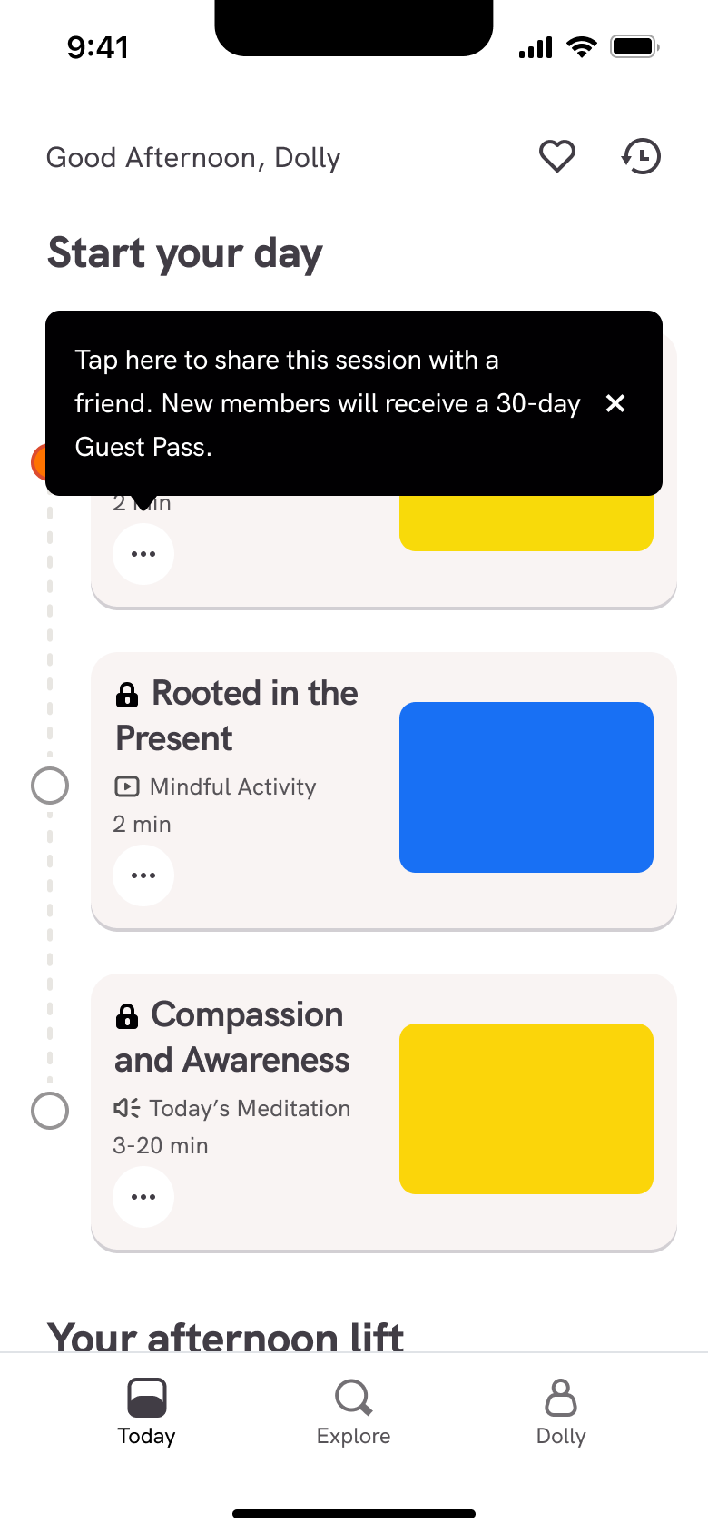 Today: start your day timeline with share tooltip.