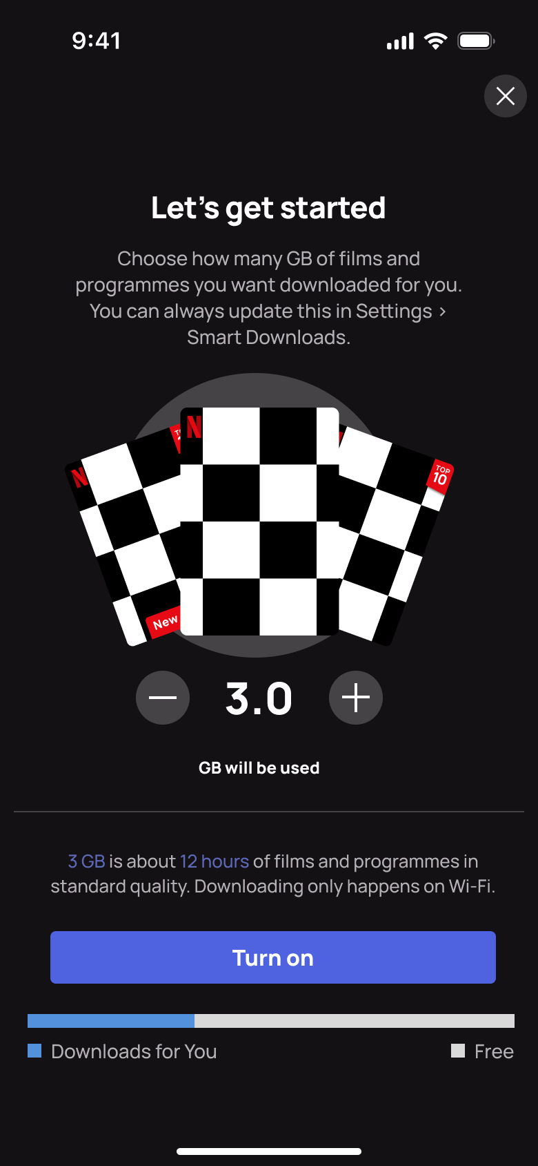 Downloads for You setup: choose 3 GB, then turn on.