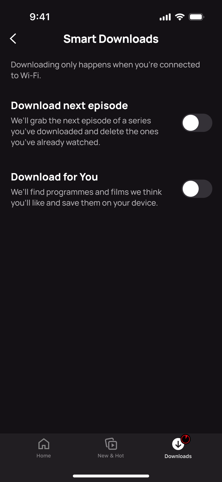 Smart downloads with both toggles off.