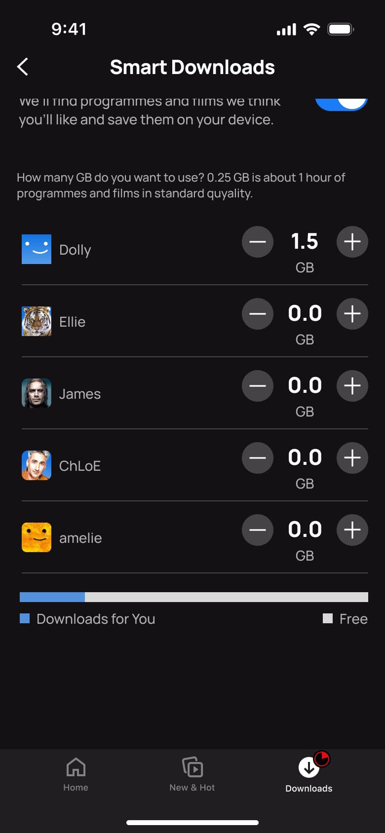 Smart downloads scrolled: storage per profile and space used.