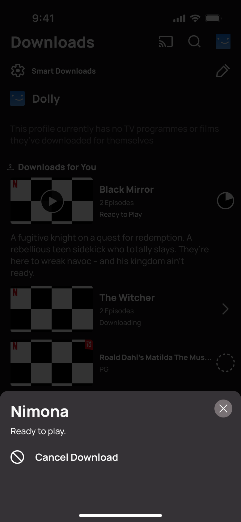 Nimona download sheet: ready to play, cancel download.