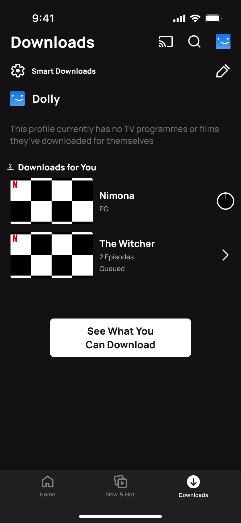 Downloads: Nimona downloading and The Witcher episodes queued.