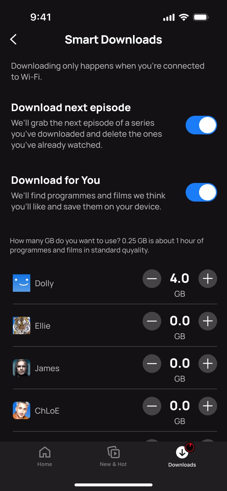 Smart downloads: both toggles on and 4 GB for Dolly.