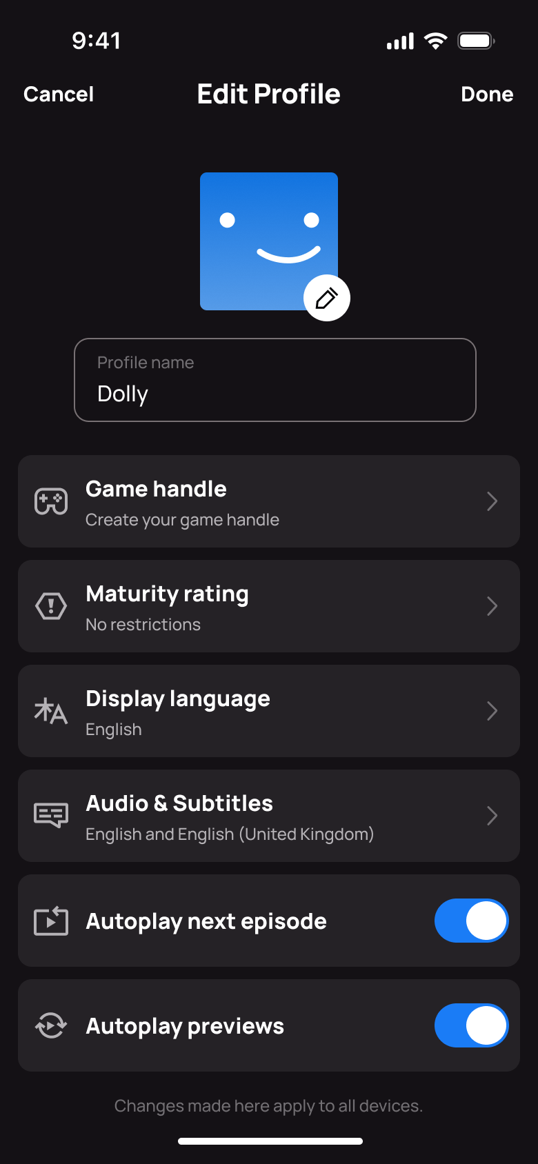 Edit profile: name, game handle, maturity rating, language, audio and autoplay toggles.