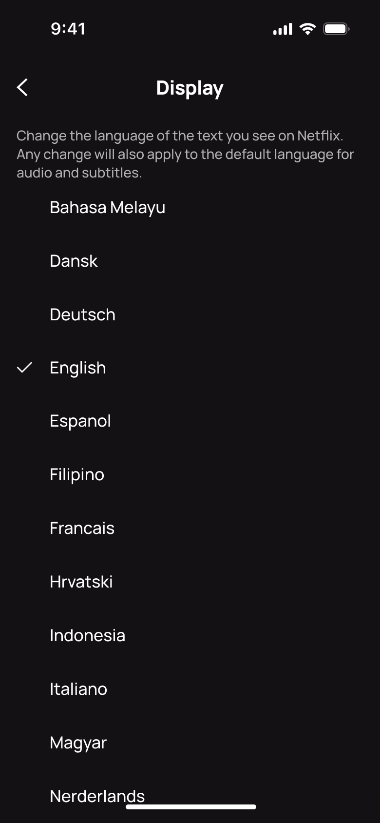 Display language list with English selected.