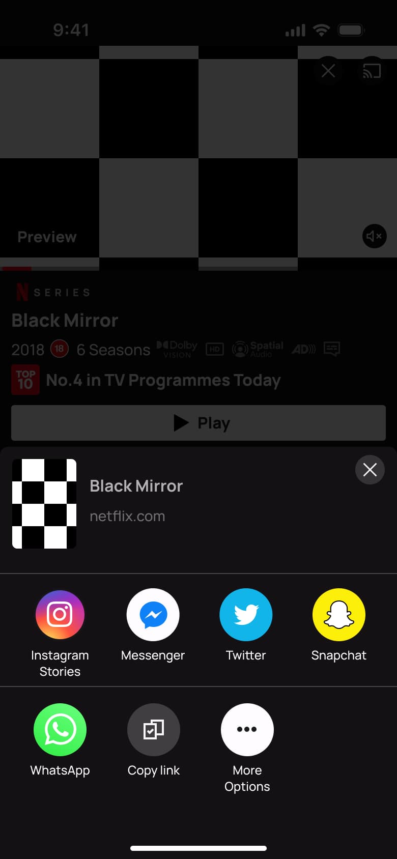 Share Black Mirror: Instagram Stories, Messenger, Twitter, Snapchat, WhatsApp, copy link and more.
