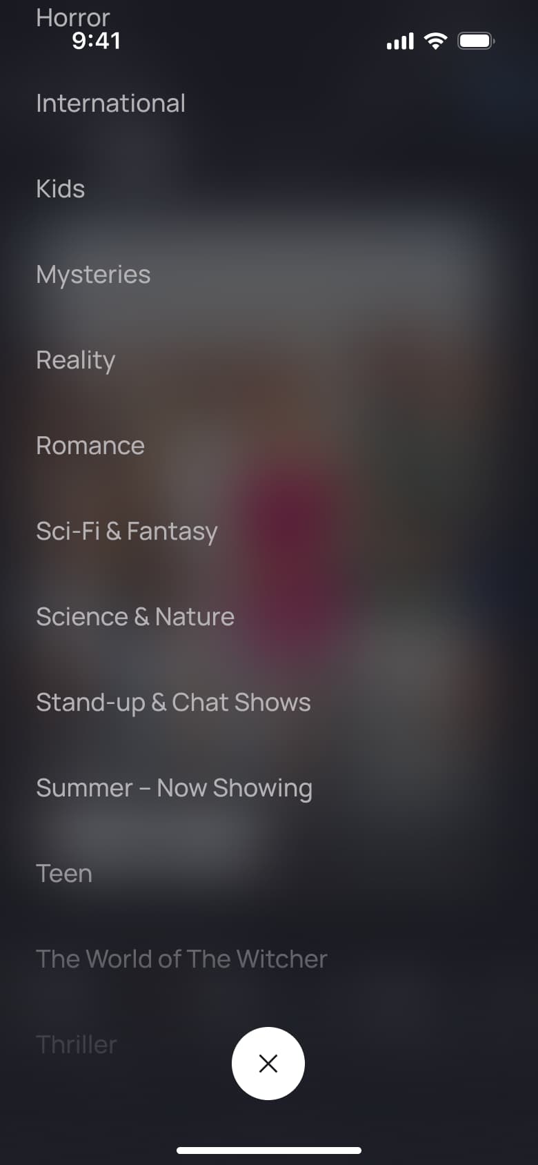 Categories list scrolled from international to thriller.