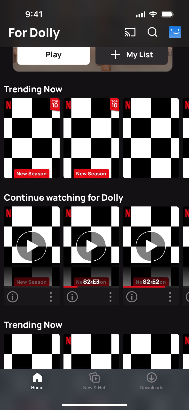 Filtered home scrolled: trending now and continue watching rows.